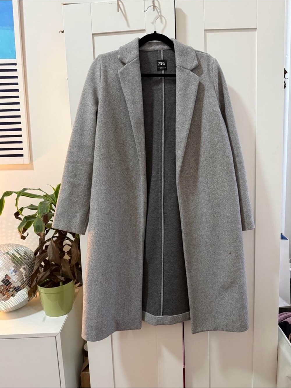 Zara Light Gray Wool-Blend Open-Front Trench Coat